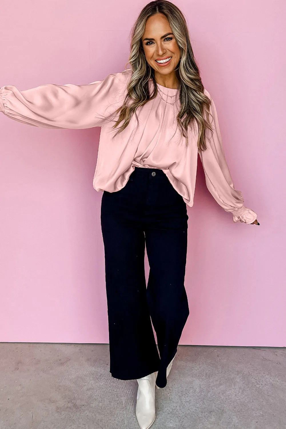Round Neck Smocked Cuffs Satin Blouse