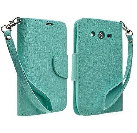 Samsung Galaxy Core Prime Wallet Case, Wrist Strap Flip [Kickstand] Pu Leather Wallet Case with ID & Credit Card Slot - Teal