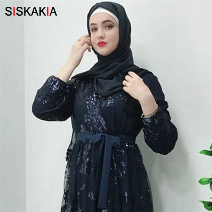 Siskakia Fashion Muslim Abaya Dress Metal Color High Grade Lace Hot Stamp Dubai Robe Arab Islam Elegant Party Dress Summer 2019