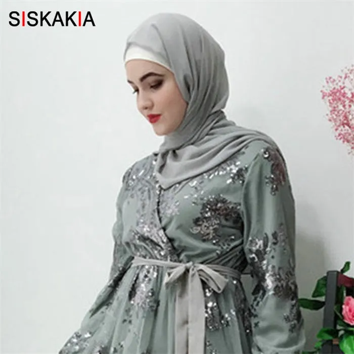 Siskakia Fashion Muslim Abaya Dress Metal Color High Grade Lace Hot Stamp Dubai Robe Arab Islam Elegant Party Dress Summer 2019