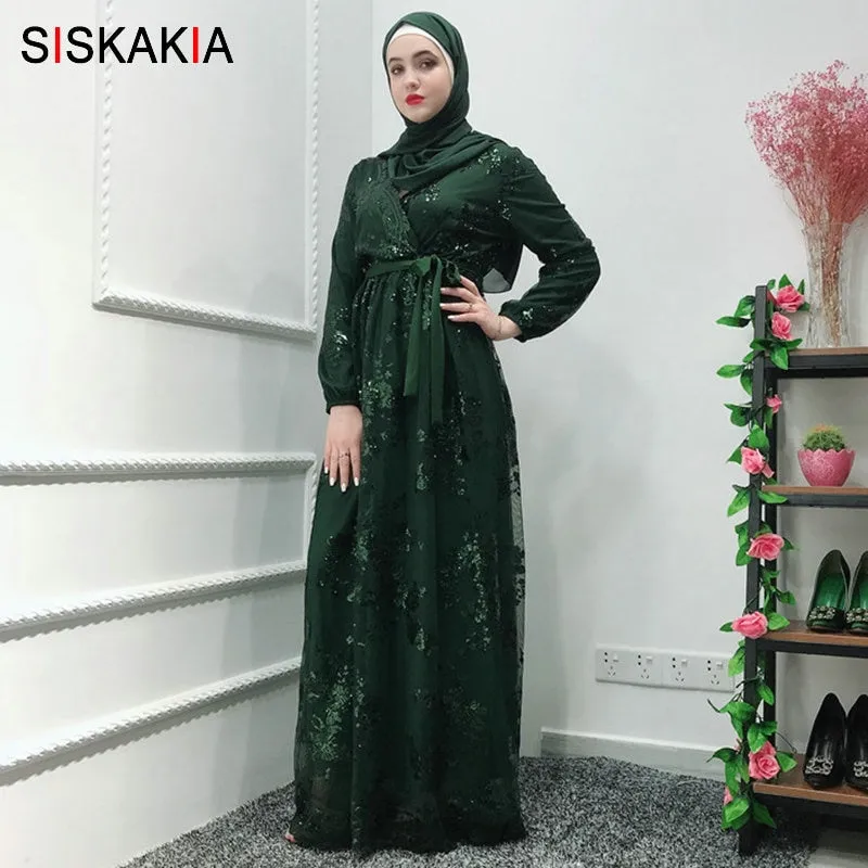 Siskakia Fashion Muslim Abaya Dress Metal Color High Grade Lace Hot Stamp Dubai Robe Arab Islam Elegant Party Dress Summer 2019