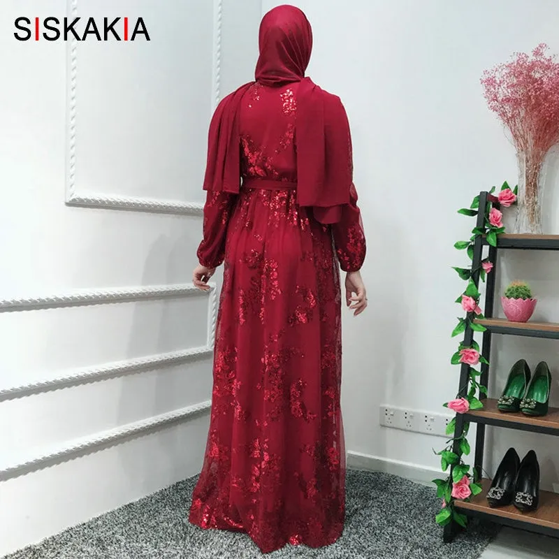 Siskakia Fashion Muslim Abaya Dress Metal Color High Grade Lace Hot Stamp Dubai Robe Arab Islam Elegant Party Dress Summer 2019