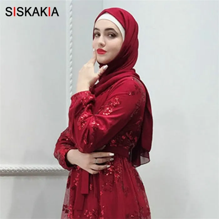 Siskakia Fashion Muslim Abaya Dress Metal Color High Grade Lace Hot Stamp Dubai Robe Arab Islam Elegant Party Dress Summer 2019