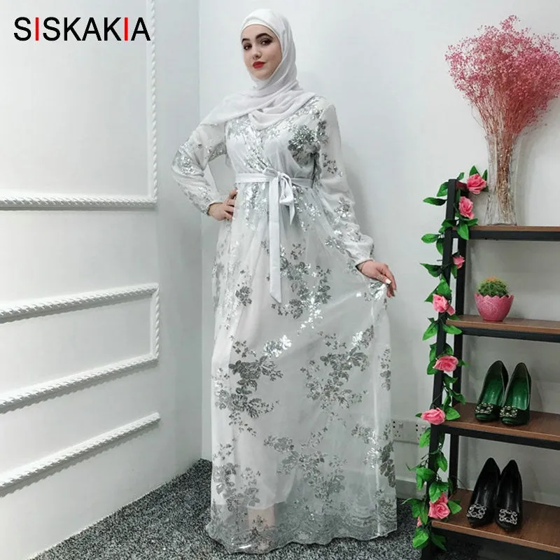 Siskakia Fashion Muslim Abaya Dress Metal Color High Grade Lace Hot Stamp Dubai Robe Arab Islam Elegant Party Dress Summer 2019