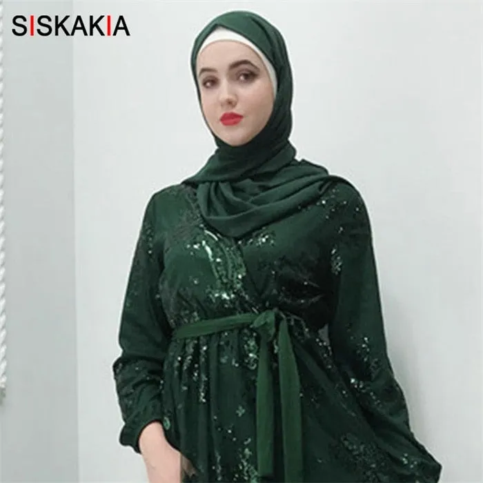 Siskakia Fashion Muslim Abaya Dress Metal Color High Grade Lace Hot Stamp Dubai Robe Arab Islam Elegant Party Dress Summer 2019