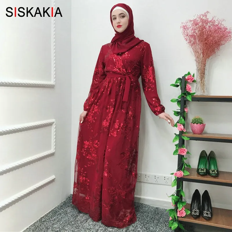 Siskakia Fashion Muslim Abaya Dress Metal Color High Grade Lace Hot Stamp Dubai Robe Arab Islam Elegant Party Dress Summer 2019