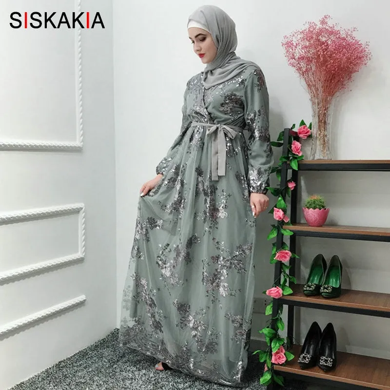 Siskakia Fashion Muslim Abaya Dress Metal Color High Grade Lace Hot Stamp Dubai Robe Arab Islam Elegant Party Dress Summer 2019