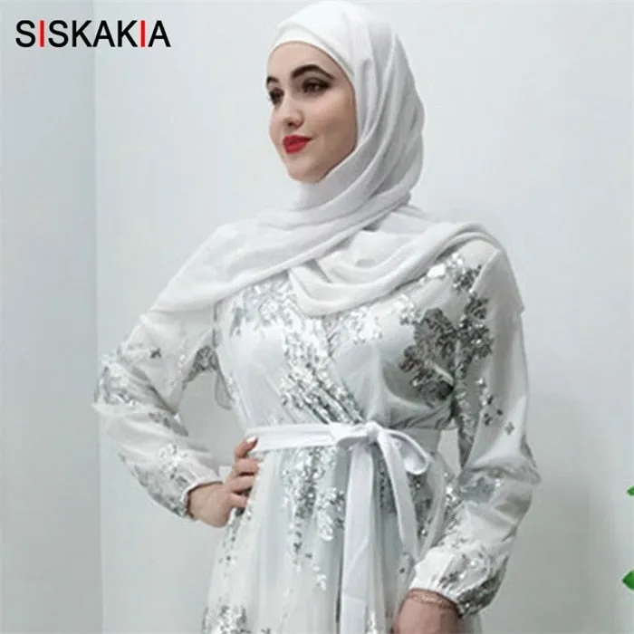 Siskakia Fashion Muslim Abaya Dress Metal Color High Grade Lace Hot Stamp Dubai Robe Arab Islam Elegant Party Dress Summer 2019