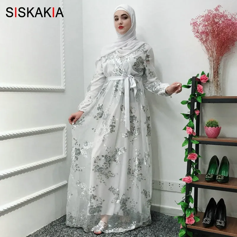 Siskakia Fashion Muslim Abaya Dress Metal Color High Grade Lace Hot Stamp Dubai Robe Arab Islam Elegant Party Dress Summer 2019