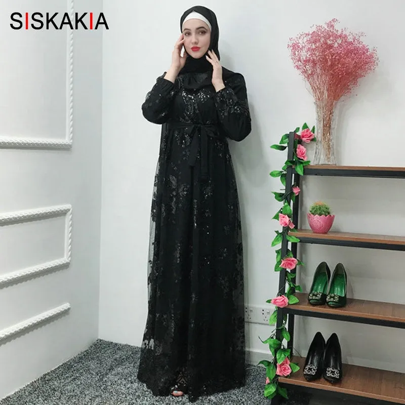 Siskakia Fashion Muslim Abaya Dress Metal Color High Grade Lace Hot Stamp Dubai Robe Arab Islam Elegant Party Dress Summer 2019
