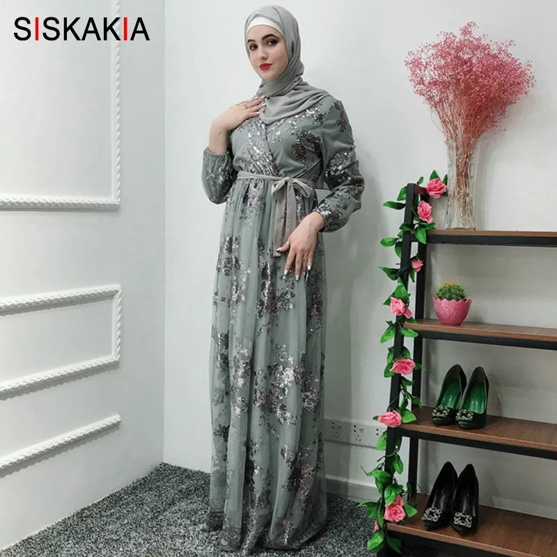 Siskakia Fashion Muslim Abaya Dress Metal Color High Grade Lace Hot Stamp Dubai Robe Arab Islam Elegant Party Dress Summer 2019