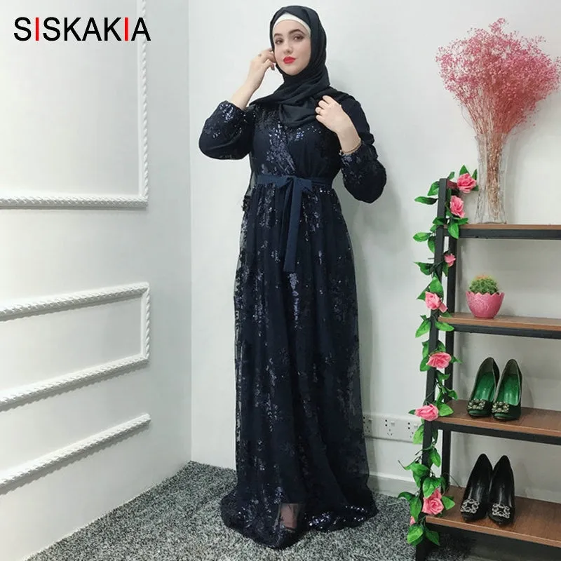 Siskakia Fashion Muslim Abaya Dress Metal Color High Grade Lace Hot Stamp Dubai Robe Arab Islam Elegant Party Dress Summer 2019