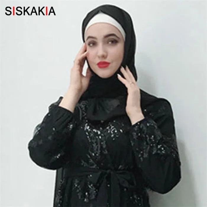 Siskakia Fashion Muslim Abaya Dress Metal Color High Grade Lace Hot Stamp Dubai Robe Arab Islam Elegant Party Dress Summer 2019