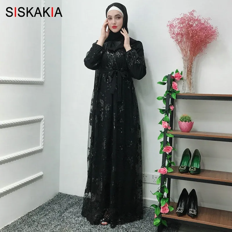 Siskakia Fashion Muslim Abaya Dress Metal Color High Grade Lace Hot Stamp Dubai Robe Arab Islam Elegant Party Dress Summer 2019