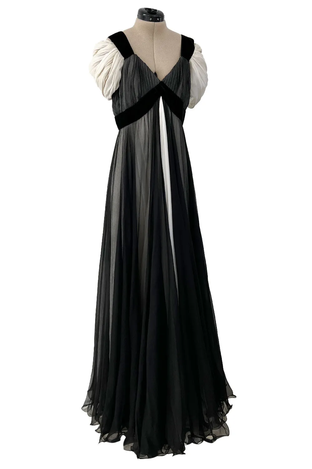Stunning Spring 1986 Jacqueline de Ribes Black & Ivory Bias Cut Silk Chiffon Dress