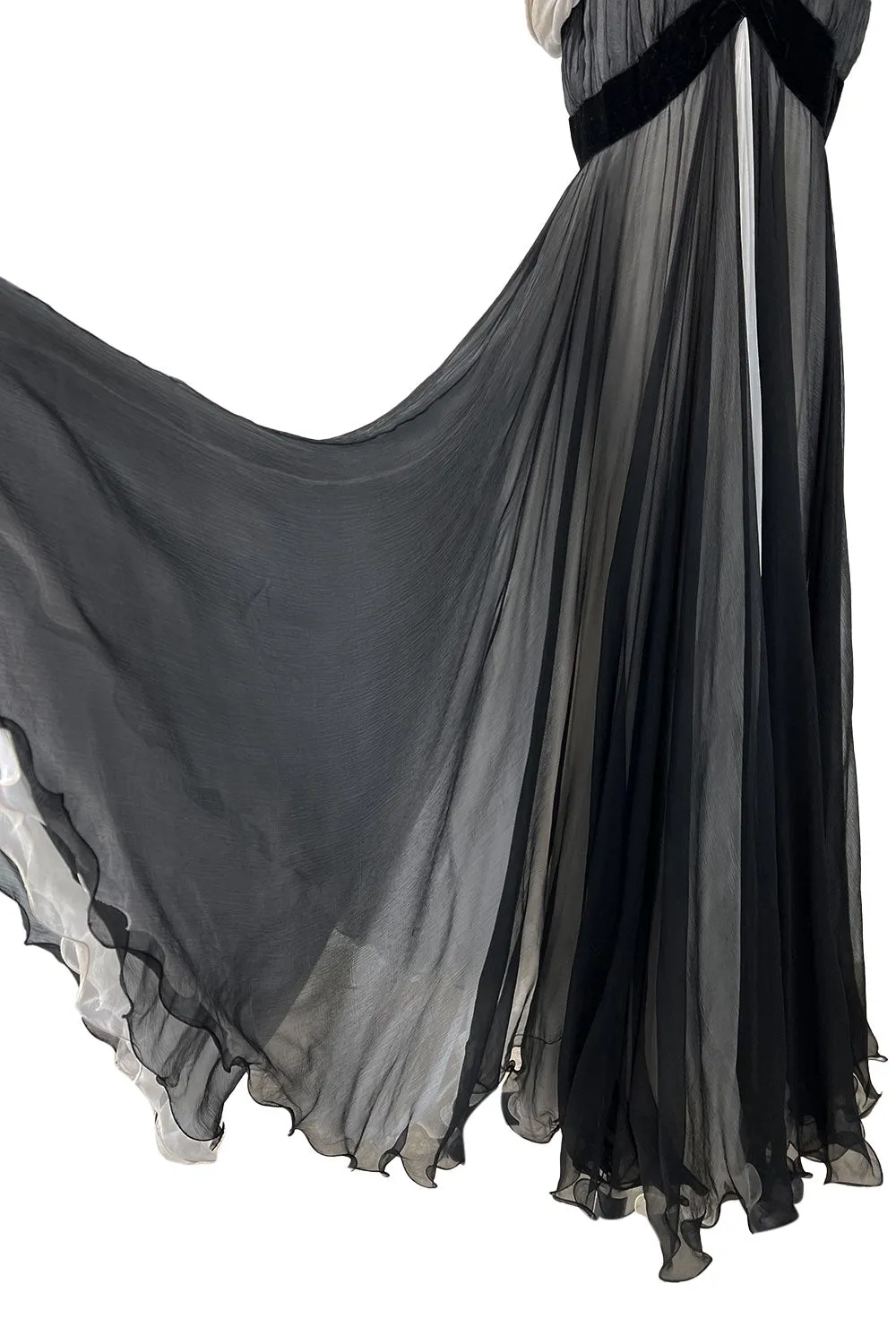 Stunning Spring 1986 Jacqueline de Ribes Black & Ivory Bias Cut Silk Chiffon Dress