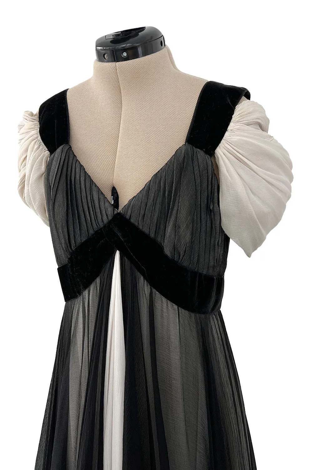 Stunning Spring 1986 Jacqueline de Ribes Black & Ivory Bias Cut Silk Chiffon Dress