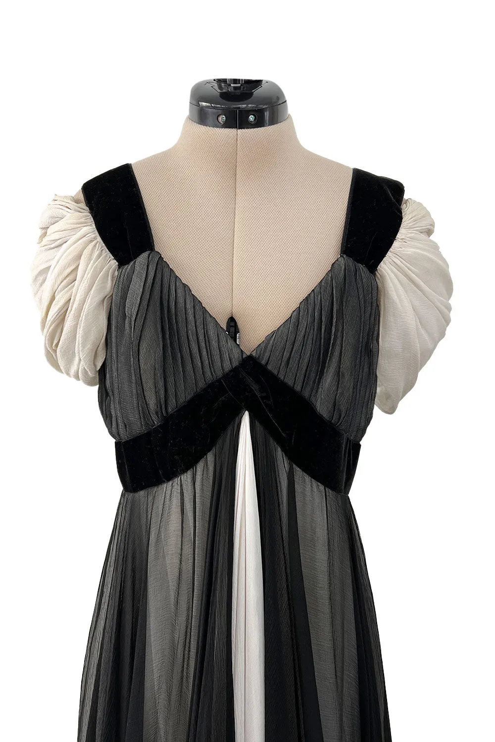 Stunning Spring 1986 Jacqueline de Ribes Black & Ivory Bias Cut Silk Chiffon Dress