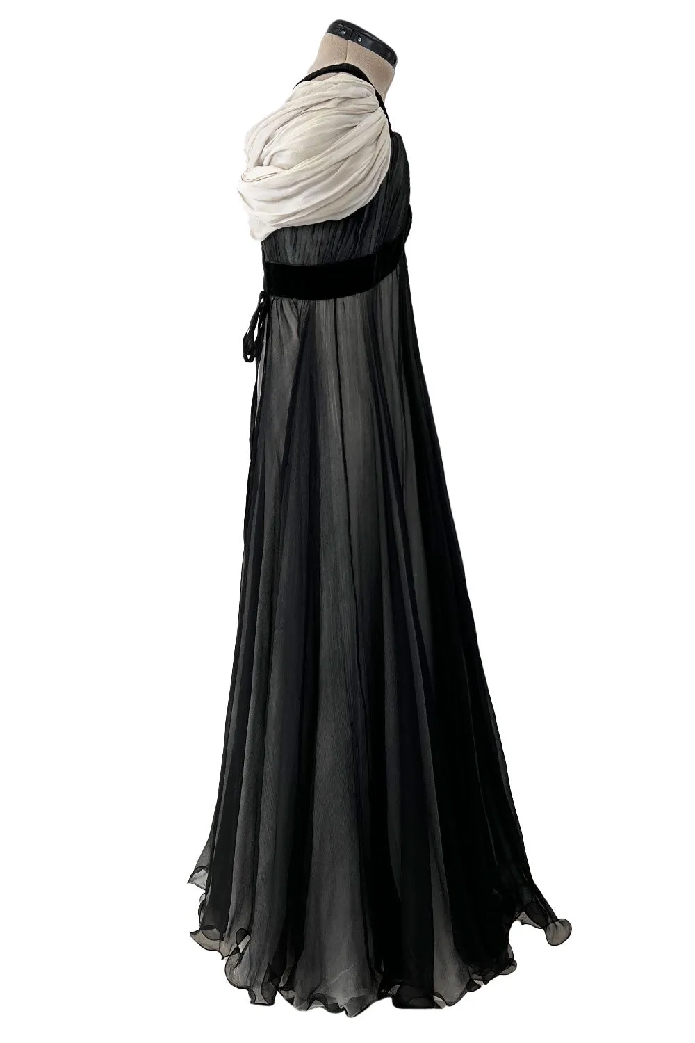 Stunning Spring 1986 Jacqueline de Ribes Black & Ivory Bias Cut Silk Chiffon Dress