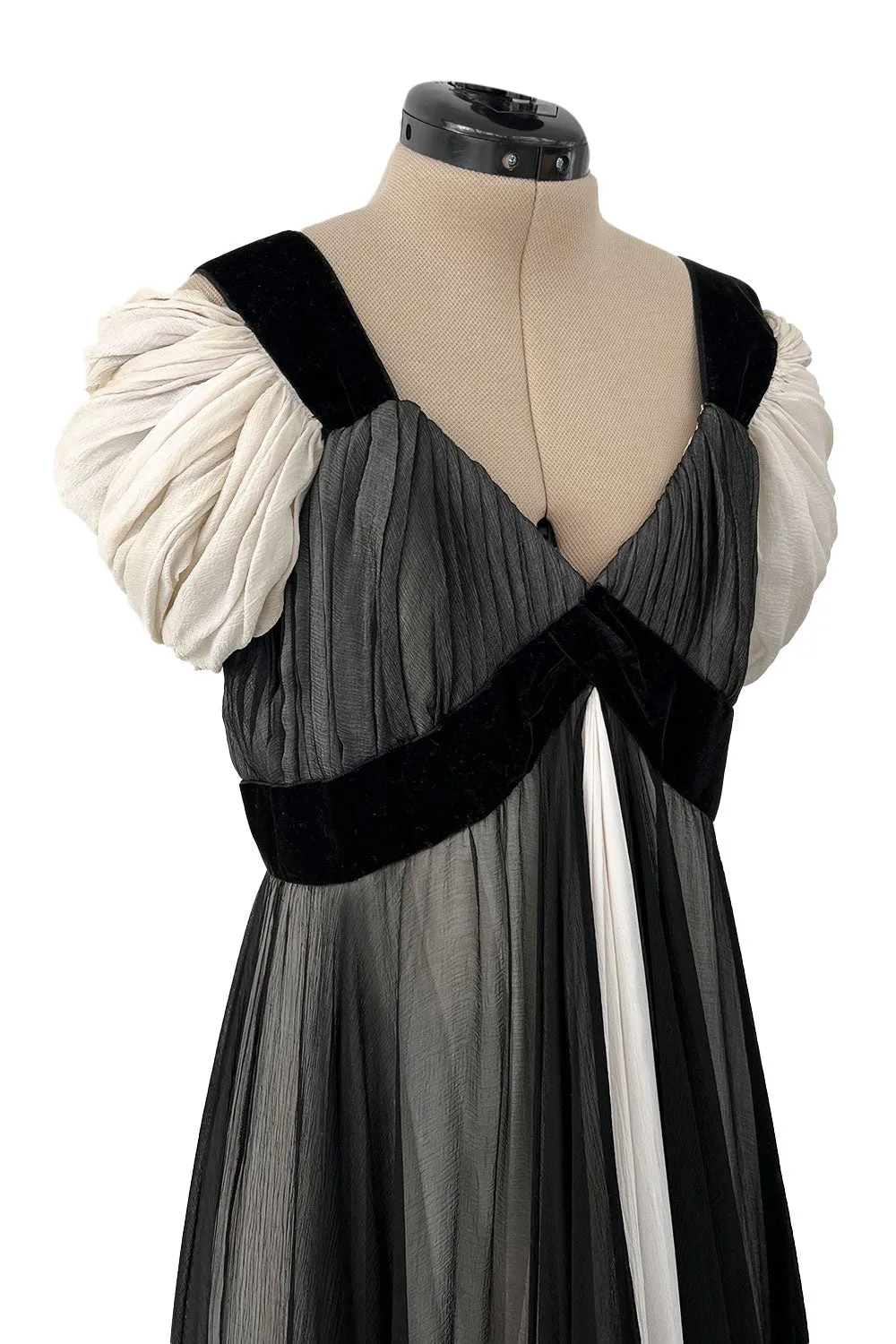 Stunning Spring 1986 Jacqueline de Ribes Black & Ivory Bias Cut Silk Chiffon Dress