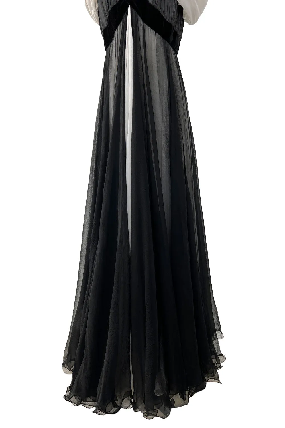 Stunning Spring 1986 Jacqueline de Ribes Black & Ivory Bias Cut Silk Chiffon Dress