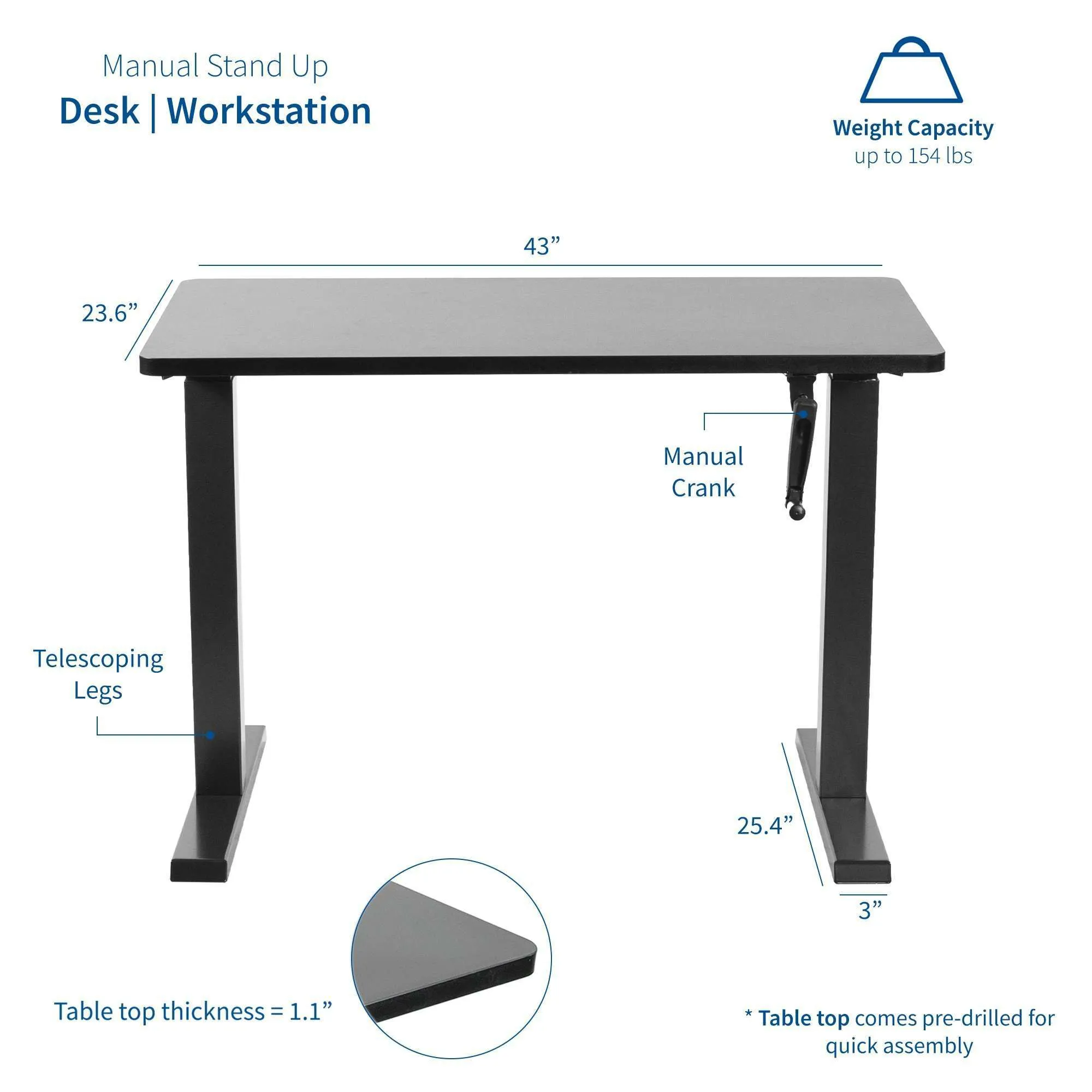 VIVO 43" x 24" Manual Height-Adjustable Desk w/ Crank, DESK-KIT-MB4B/MB4W/MB4C/MB4D/MB4E