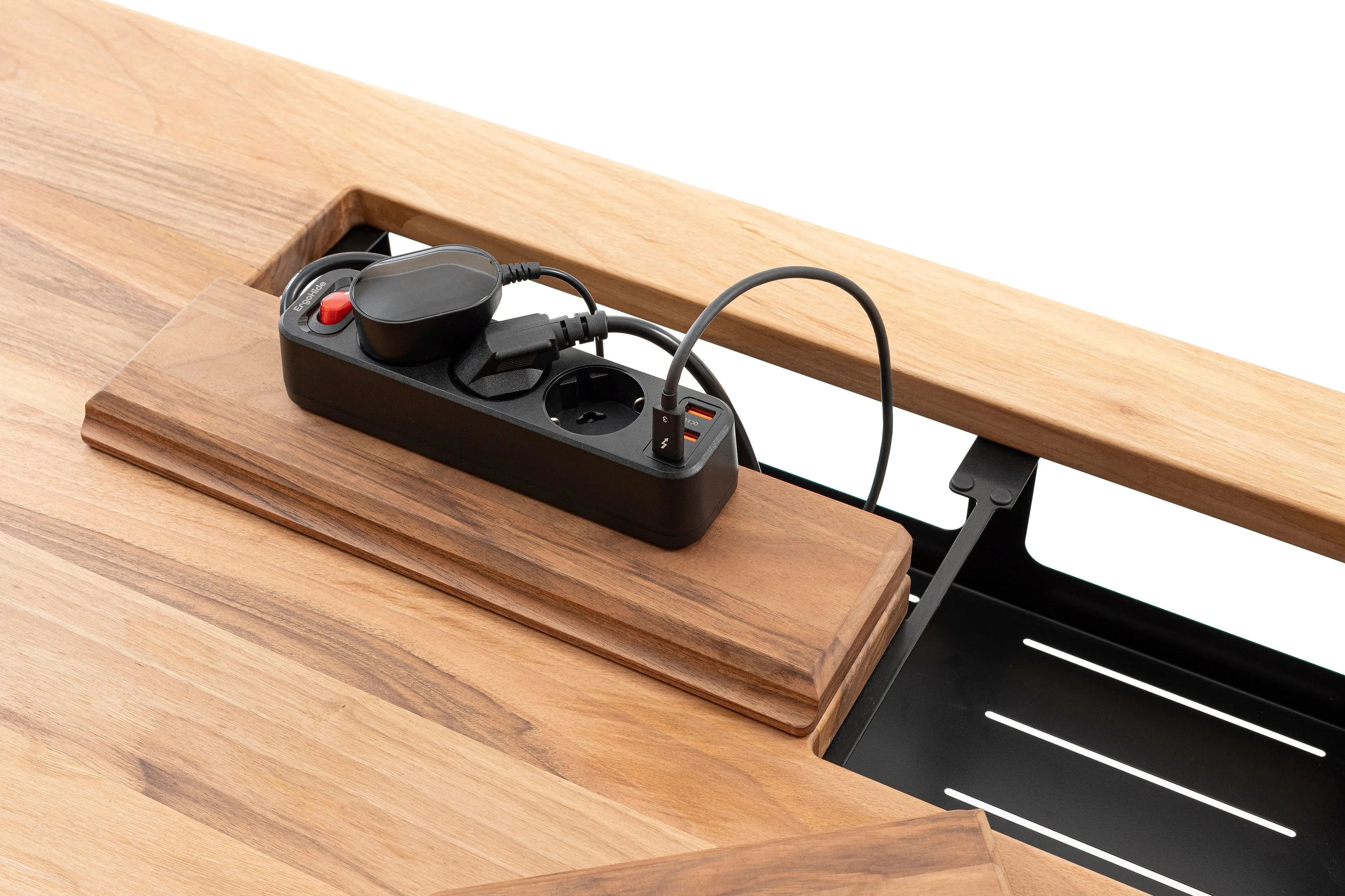 Walnut standing desk with cable management unit