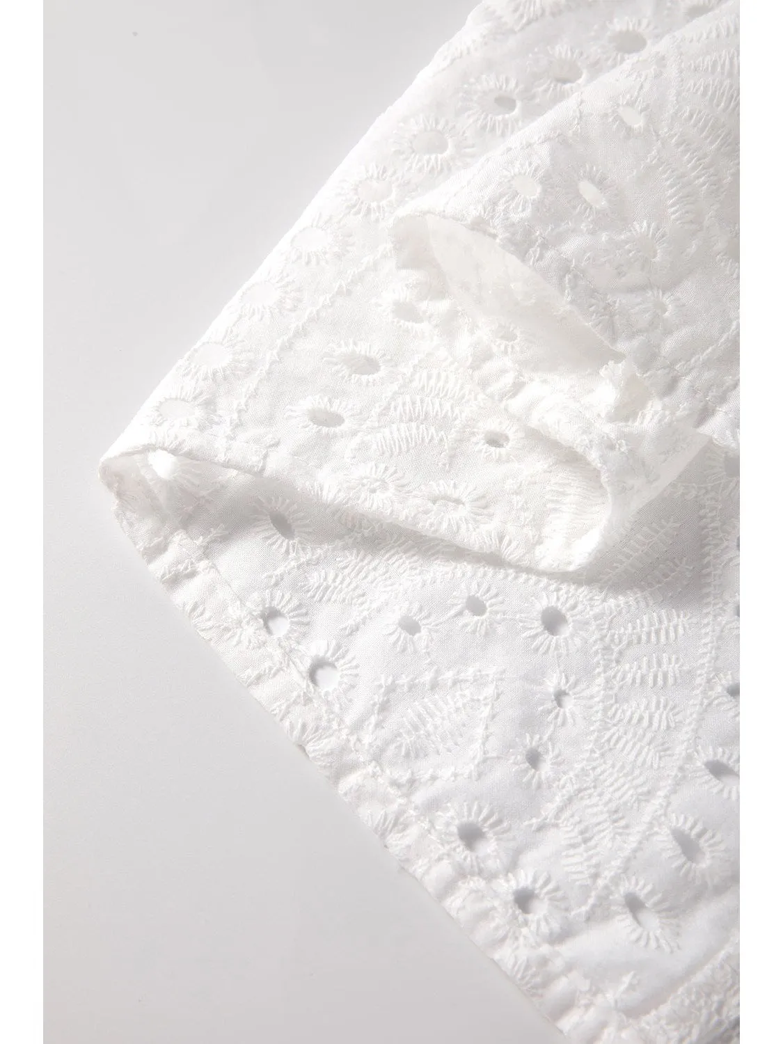 White Eyelet Embroidered Puff Sleeve V Neck Blouse