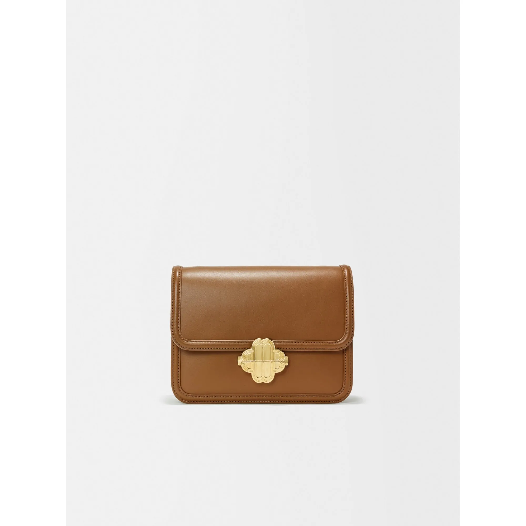 Women Leather Bag With Clover Clasp - Tobacco