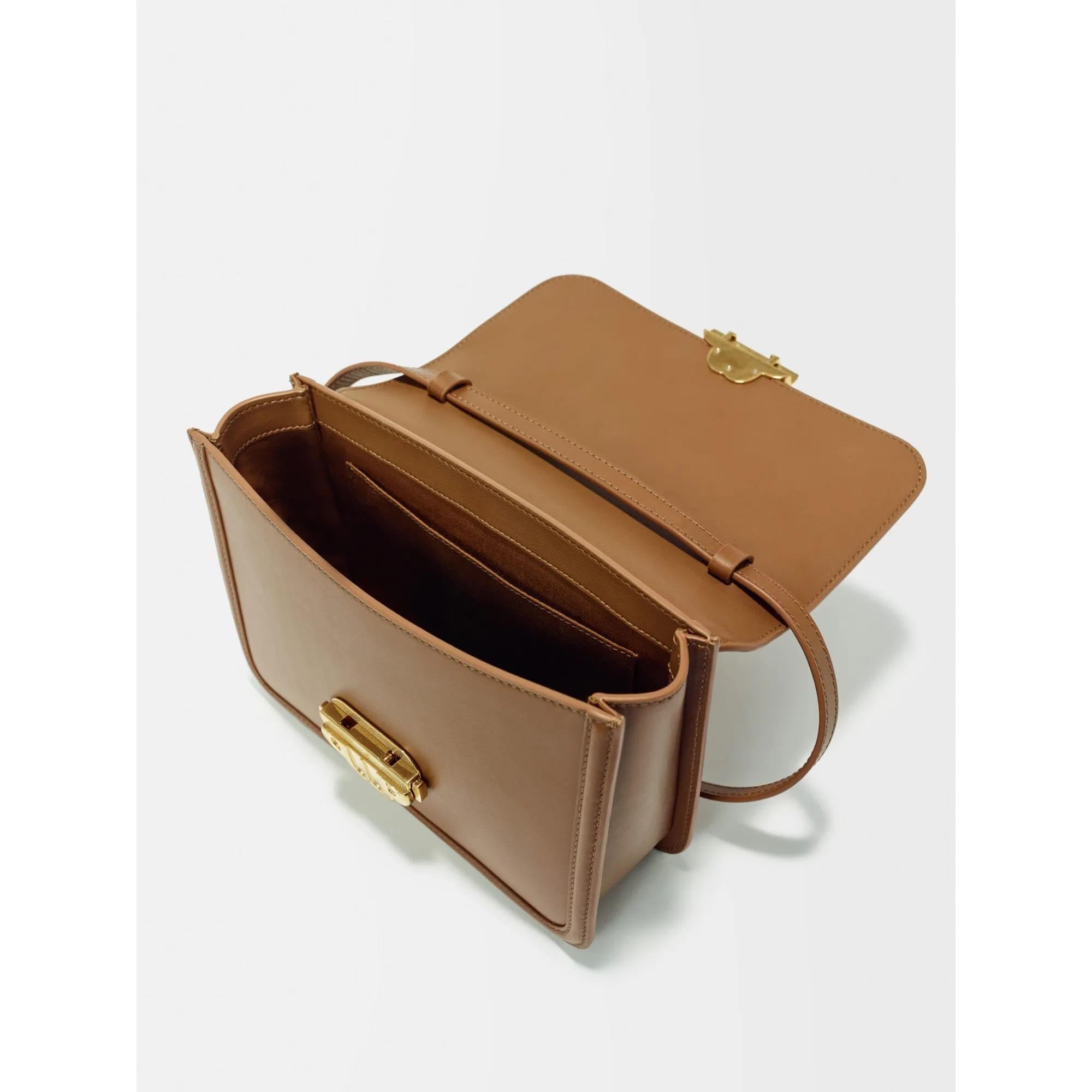 Women Leather Bag With Clover Clasp - Tobacco