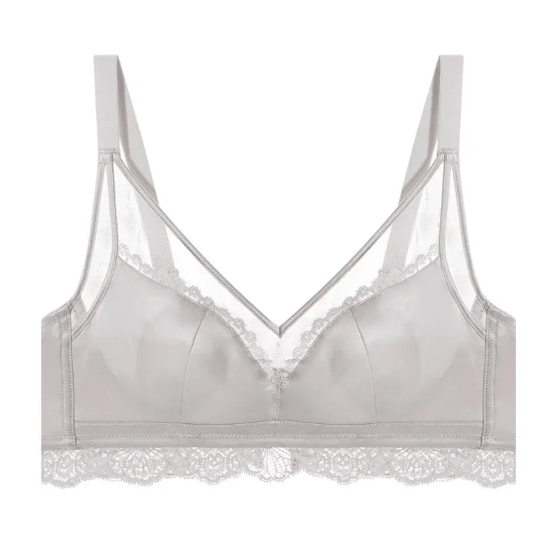 Women rabbit ears crystal thin cup large chest small no steel ring silky satin mesh light luxury maintenance bra set