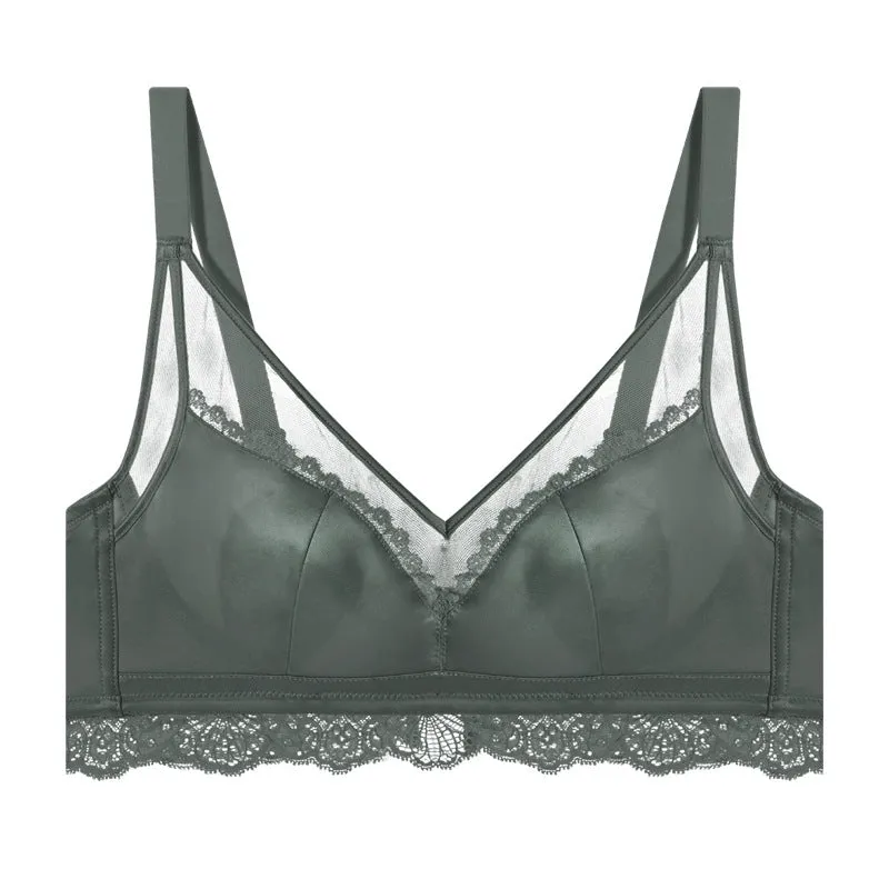 Women rabbit ears crystal thin cup large chest small no steel ring silky satin mesh light luxury maintenance bra set