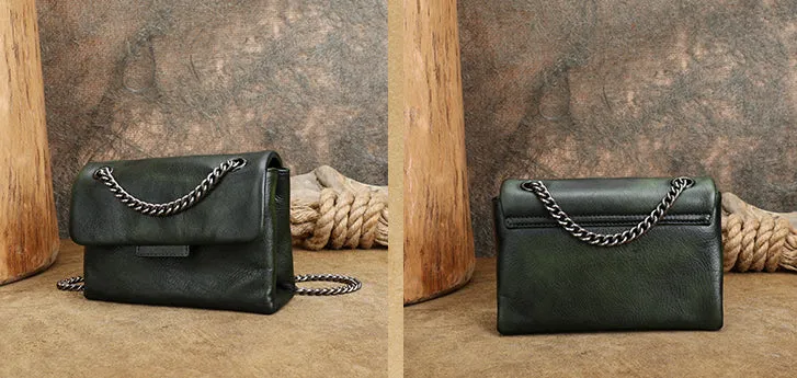 Womens Leather Crossbody Purse With Chain Strap Black Leather Shoulder Bag