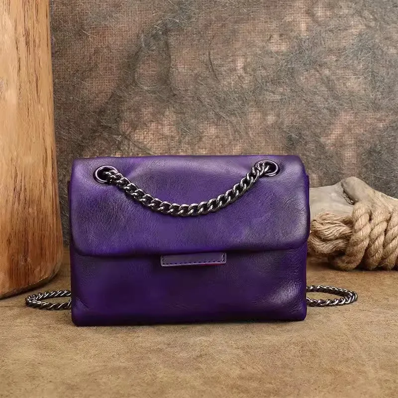 Womens Leather Crossbody Purse With Chain Strap Black Leather Shoulder Bag