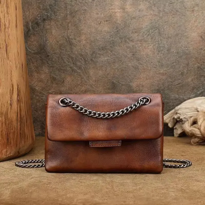 Womens Leather Crossbody Purse With Chain Strap Black Leather Shoulder Bag