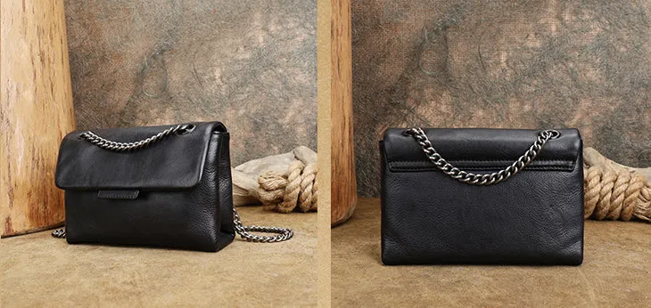Womens Leather Crossbody Purse With Chain Strap Black Leather Shoulder Bag