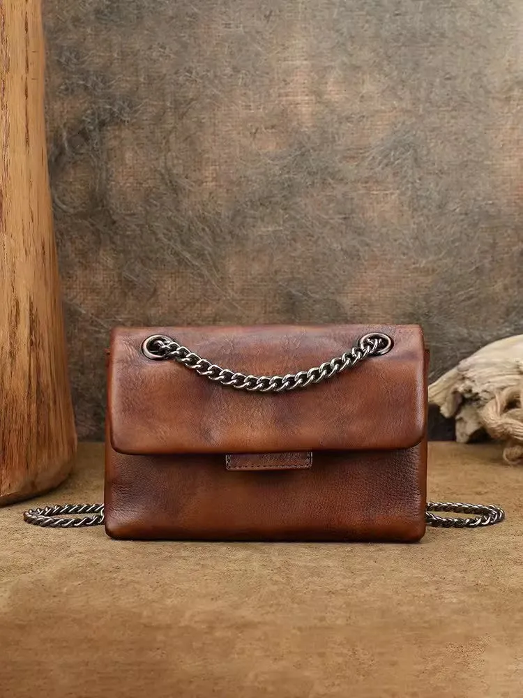 Womens Leather Crossbody Purse With Chain Strap Black Leather Shoulder Bag
