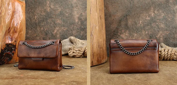 Womens Leather Crossbody Purse With Chain Strap Black Leather Shoulder Bag