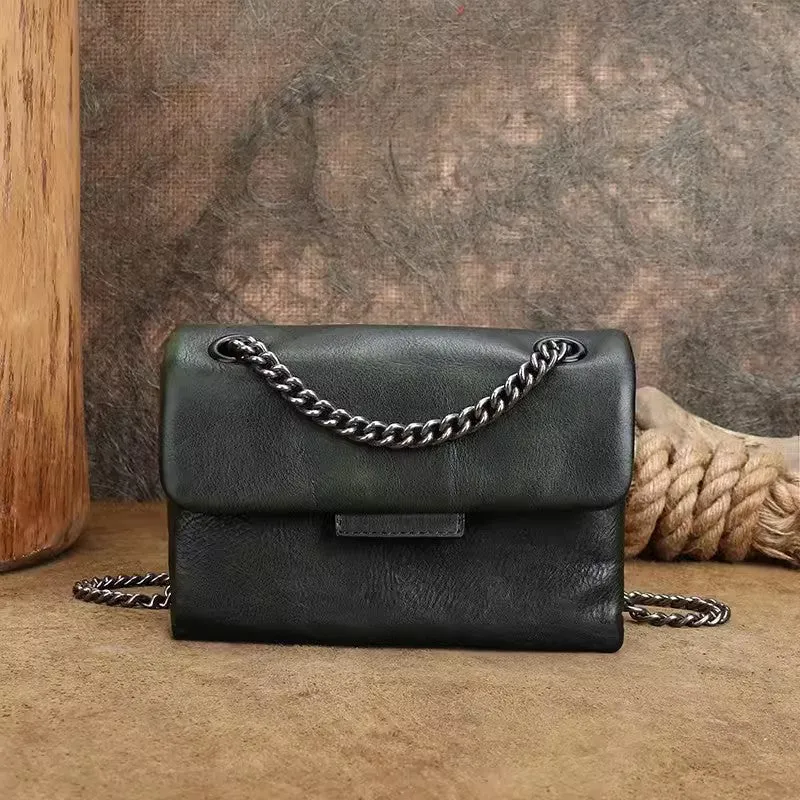 Womens Leather Crossbody Purse With Chain Strap Black Leather Shoulder Bag